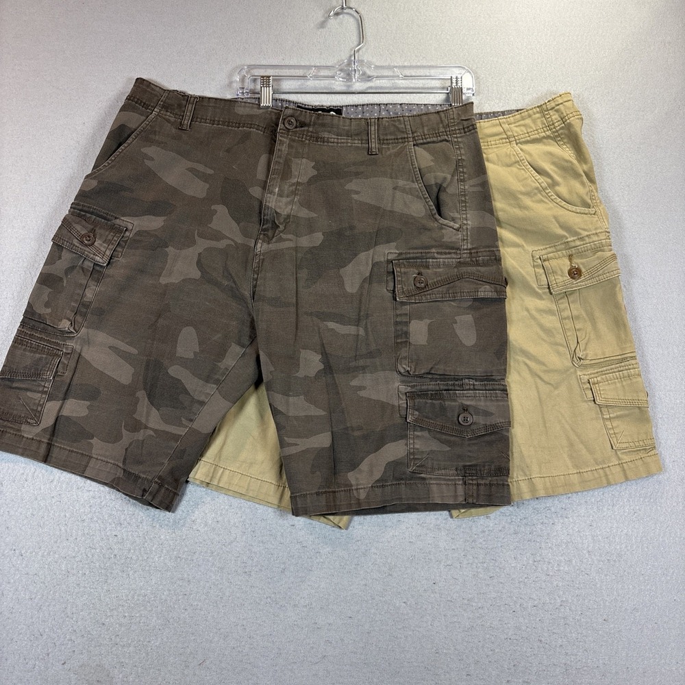 Iron Co Men's Cargo Shorts 38 Green Camo/ Tan Stretch Zipper Pockets Lot of 2